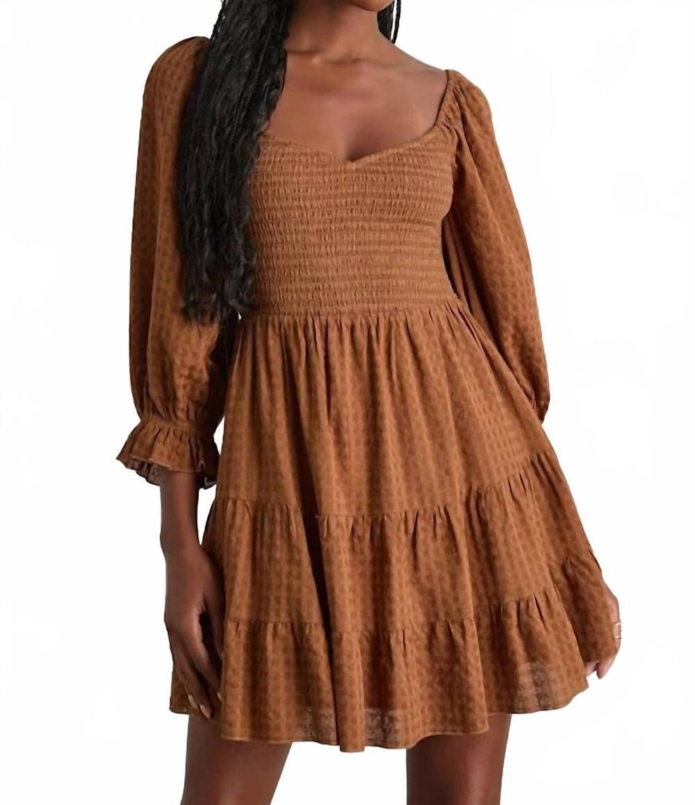 NEW LULUS charming afternoon balloon sleeve mini dress in tan gingham